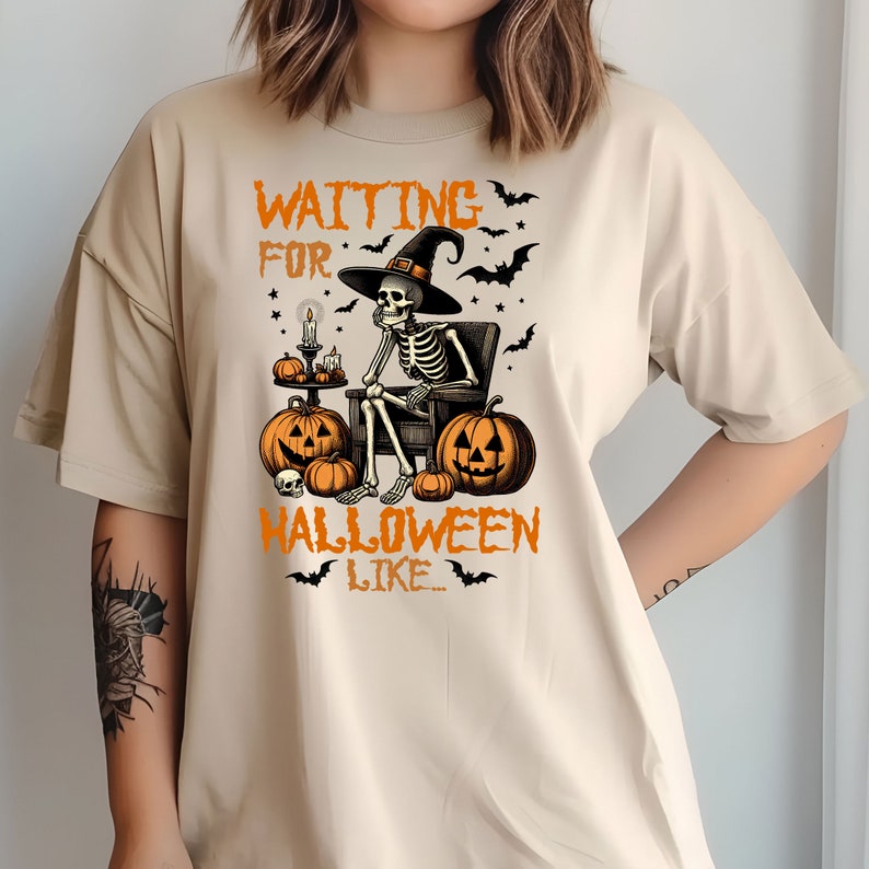 Custom Embroidered Halloween Just Waiting for Halloween Like Skeleton Sweatshirt | Halloween Gift