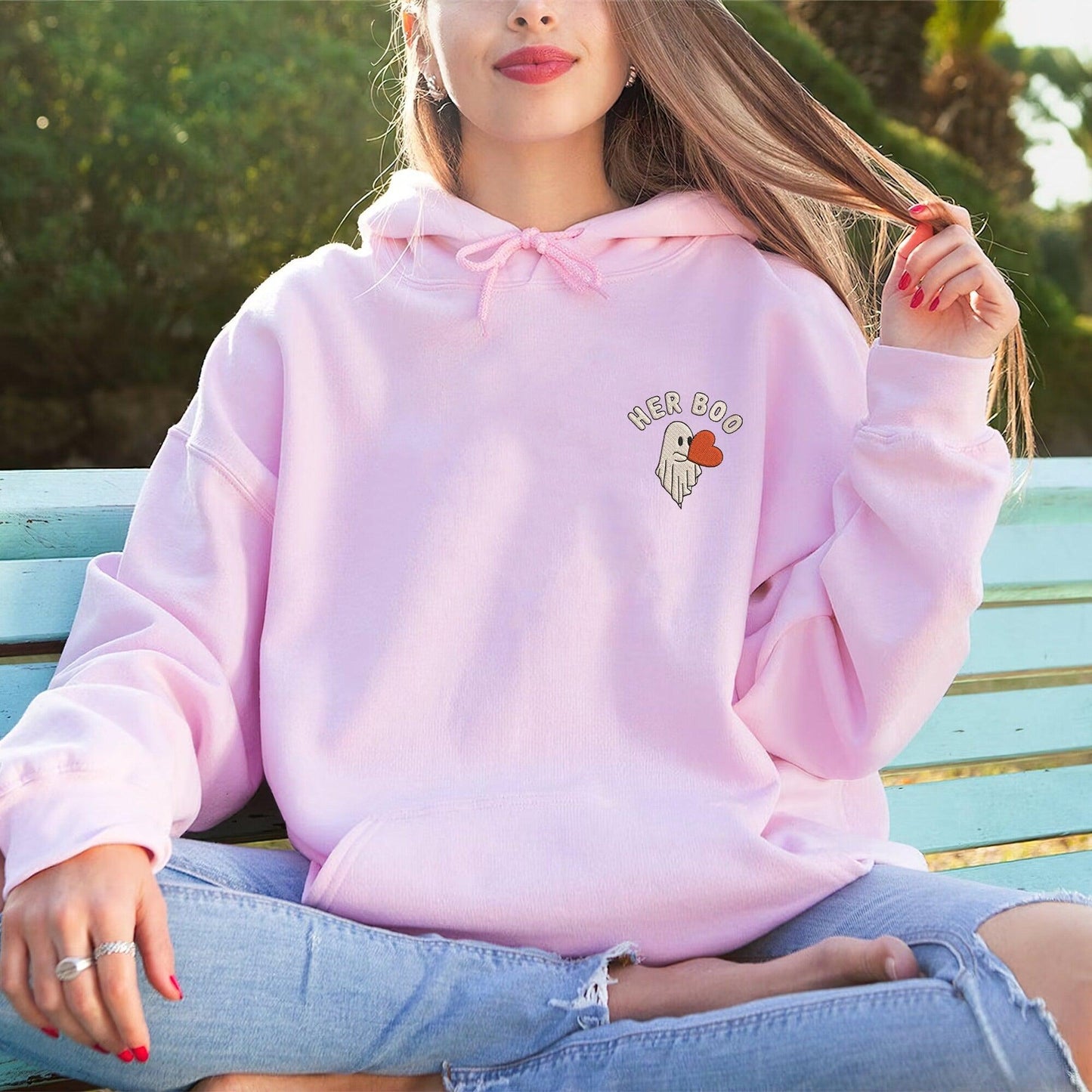 Custom Halloween Ghost Her His Boo Couples Embroidered Sweatshirts For Couples, Custom Matching Couple Hoodies