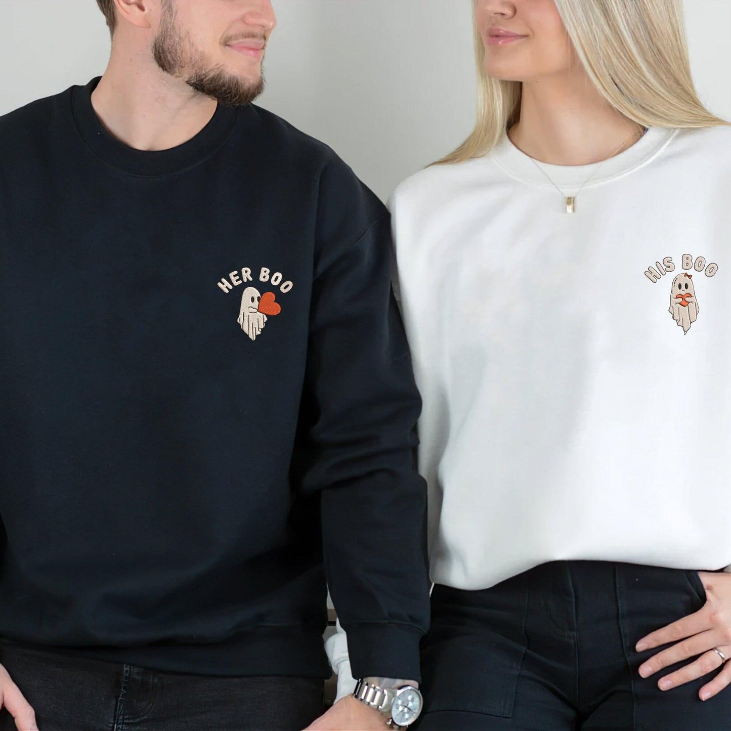 Custom Halloween Ghost Her His Boo Couples Embroidered Sweatshirts For Couples, Custom Matching Couple Hoodies
