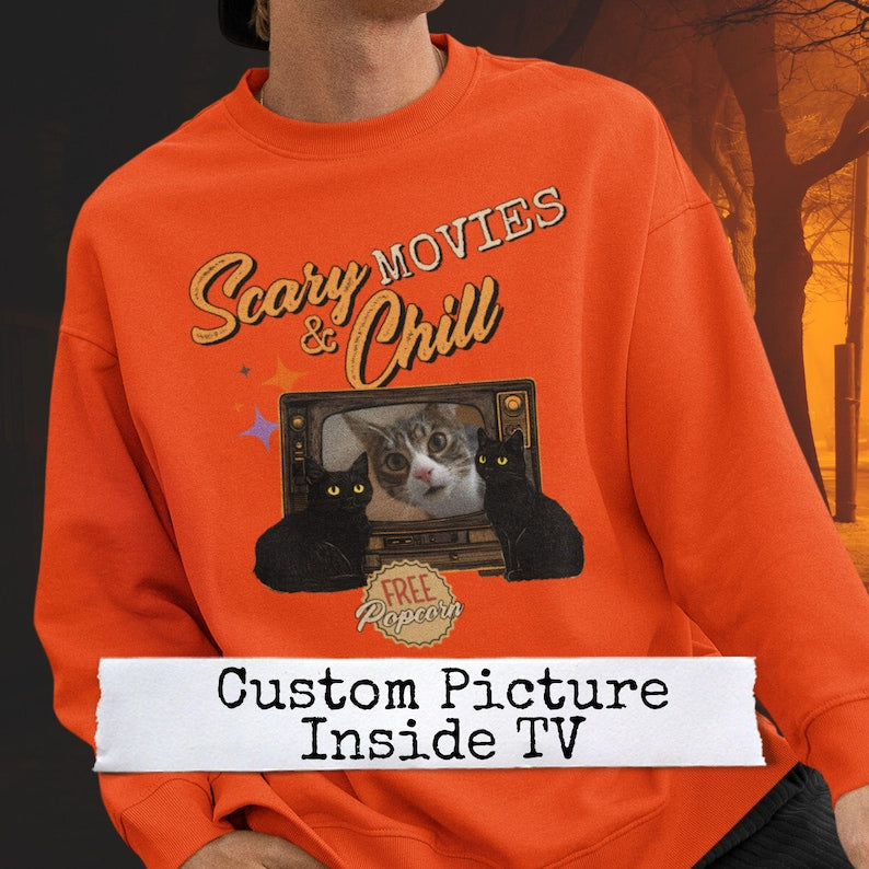 Custom Scary and Chill MOVIES Halloween Cat Sweatshirt