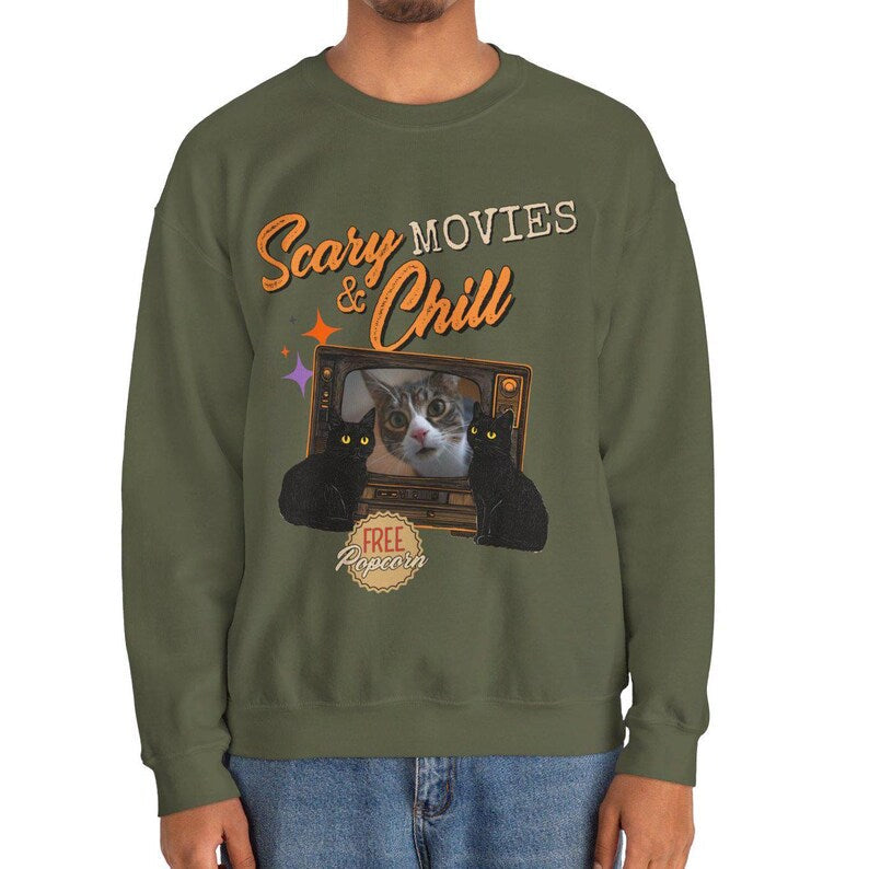 Custom Scary and Chill MOVIES Halloween Cat Sweatshirt