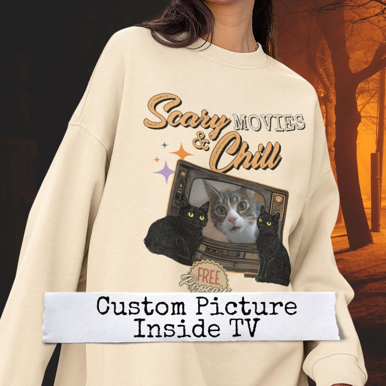 Custom Scary and Chill MOVIES Halloween Cat Sweatshirt