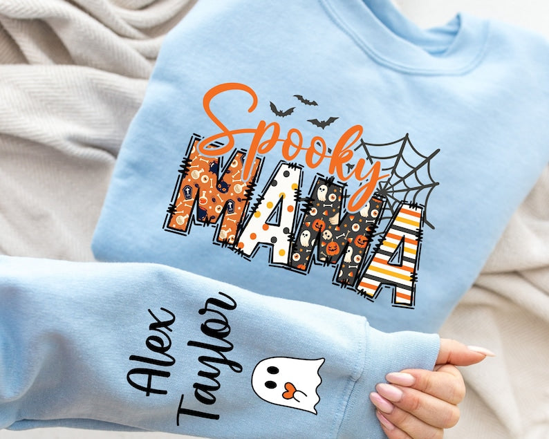 Custom Cool Personalized Halloween Spooky Mom Sweatshirt with Child's Name on Sleeve