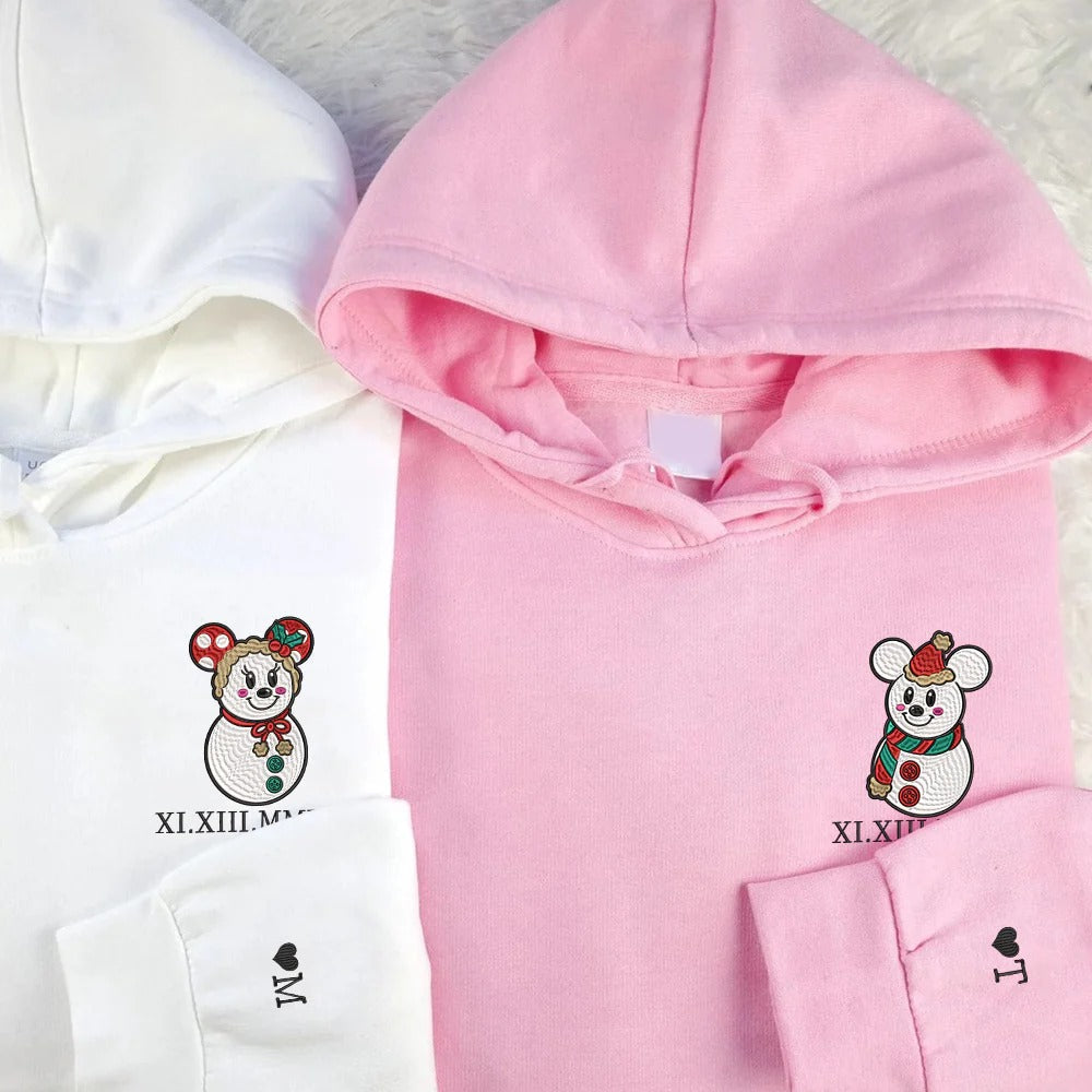 Custom Embroidered Roman Numeral Date Hoodies For Couples Snowman Christmas Couples Embroidered Hoodie