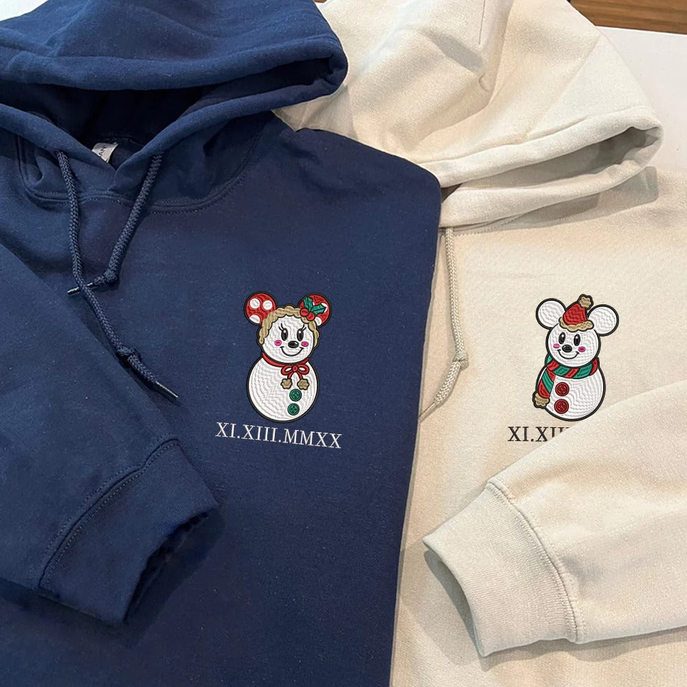 Custom Embroidered Roman Numeral Date Hoodies For Couples Snowman Christmas Couples Embroidered Hoodie