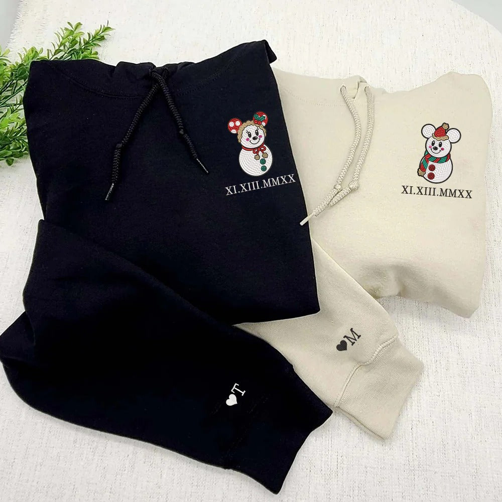 Custom Embroidered Roman Numeral Date Hoodies For Couples Snowman Christmas Couples Embroidered Hoodie
