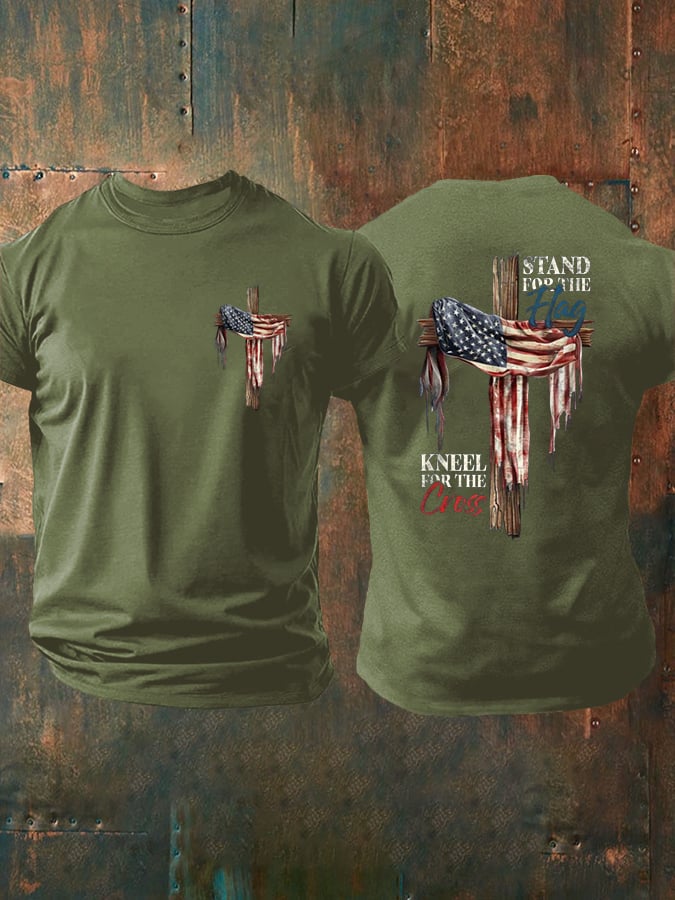 Men's Stand For Flag Kneel For The Cross Print T-Shirt