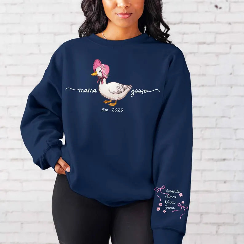 Custom Mama Goose Est 2025 Sweatshirt,Mama With Kid Name on Sleeve Sweater Mother's Day Sweater Cute Mama Goose Coquette Sweat Gift for Moms