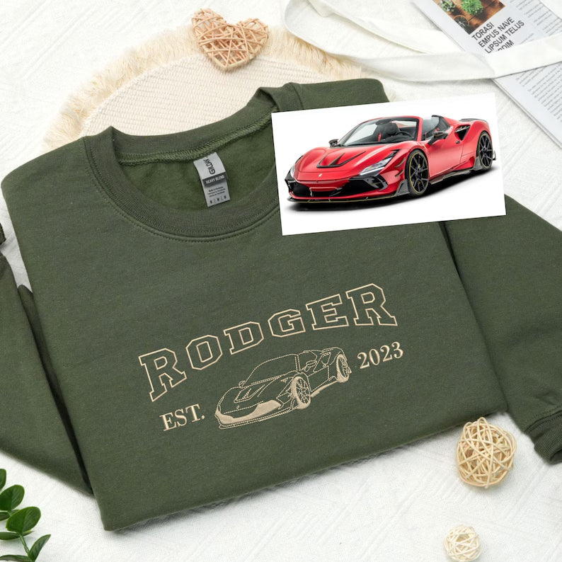 Custom Embroidered Car Outline Portrait Sweatshirt - Personalized Est Year Shirt - Gift for Car Lover