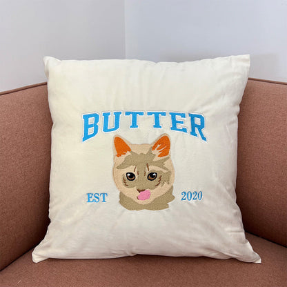 Custom Embroidered Pet Portrait Pillow Cushion With Pet Name, Pet Lover Gift