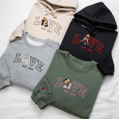 Loversdovey Personalized Embroidered Photo Couple LOVE Est Year Crewneck/Hoodie/T-shirt