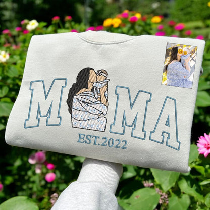 Mama Sweatshirt with Photo, Custom Embroidered Hoodie Mama and Kids Portrait, Varsity Shirt