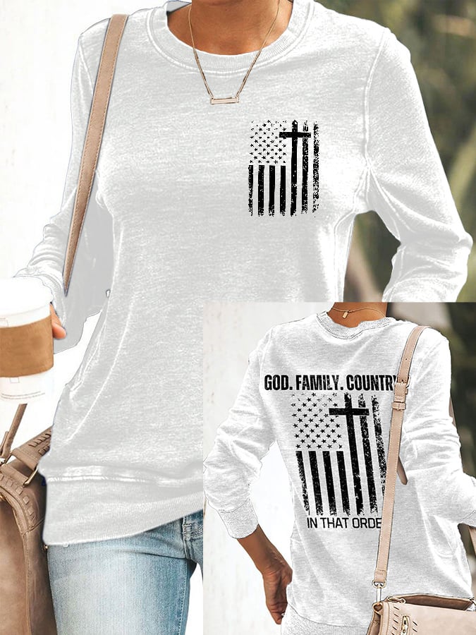 Women's God Family Country In That Order Print Round Neck Sweatshirt