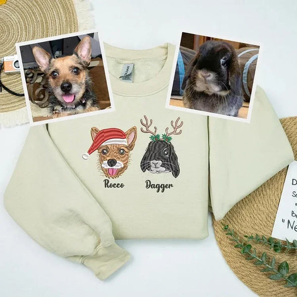 Custom Christmas Hoodie Embroidered Sweatshirt With Pet Portrait | Gifts for Pet Lovers
