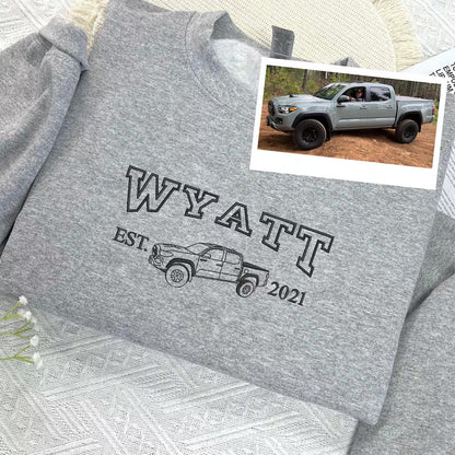 Custom Embroidered Car Outline Portrait Sweatshirt - Personalized Est Year Shirt - Gift for Car Lover
