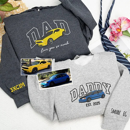 Custom Embroidered Car Sweatshirt For Dad - Personalized Shirt for Car Lover - Family Gift