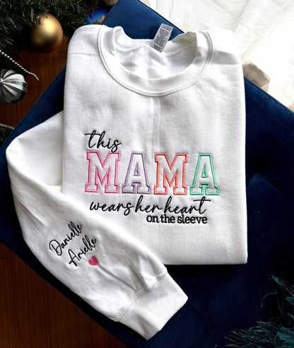 Mom Wears Her Heart on Her Sleeves Custom Embroidered T-Shirt Crew Neck Hooded Sweatshirt Gift for Mom