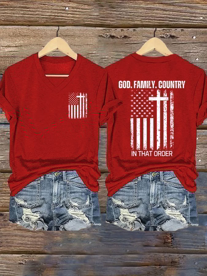 Women's God Family Country In That Order Print V Neck T-shirt