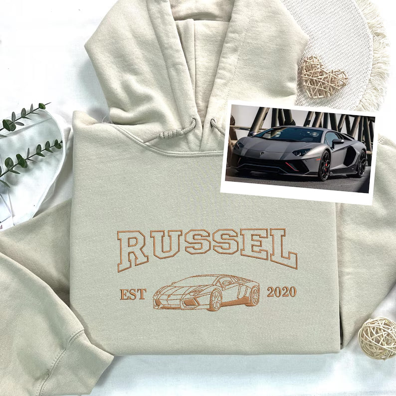 Custom Embroidered Car Outline Portrait Sweatshirt - Personalized Est Year Shirt - Gift for Car Lover