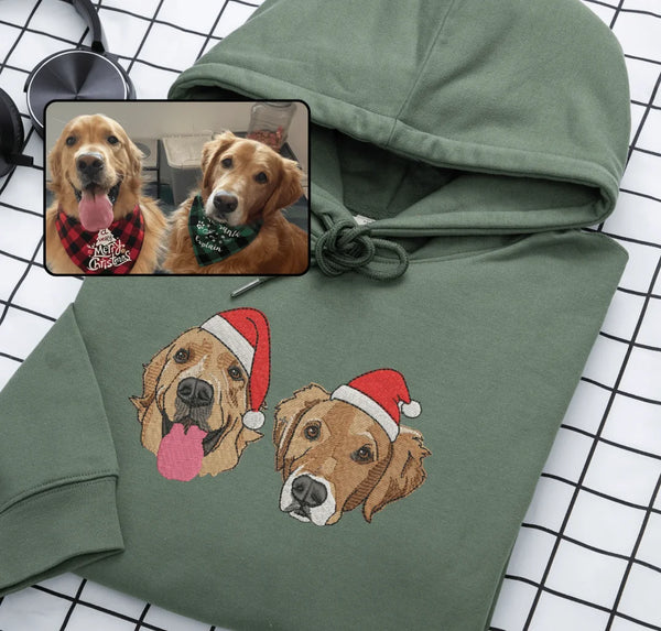 Custom Christmas Hoodie Embroidered Sweatshirt With Pet Portrait | Gifts for Pet Lovers