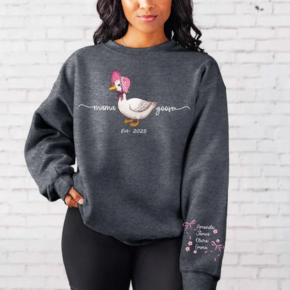 Custom Mama Goose Est 2025 Sweatshirt,Mama With Kid Name on Sleeve Sweater Mother's Day Sweater Cute Mama Goose Coquette Sweat Gift for Moms