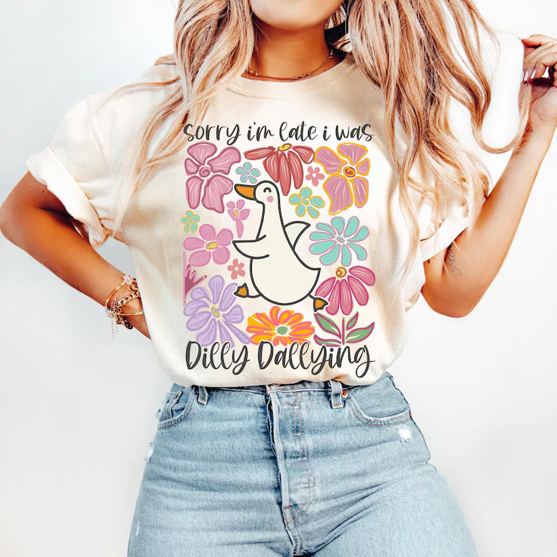 Sorry I'm Late I Was Dilly Dallying" Women's Hoodie - Floral Goose Print, Retro Funny Mom Sweatshirt, Boho Chic Pullover, Preppy Girly Casual Hoodie