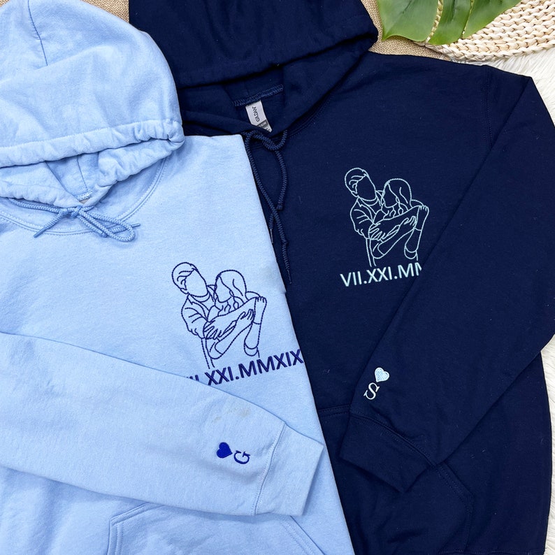 Personalized Outline Embroidered Portrait from Photo-Matching Couple Hoodie