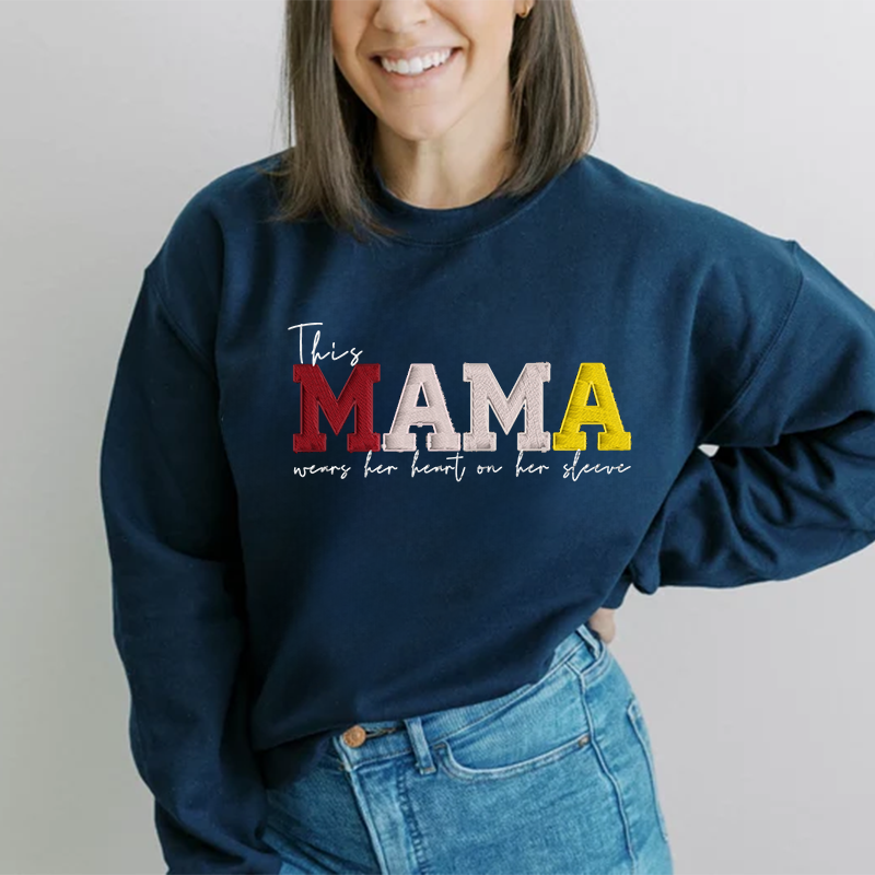 Mom Wears Her Heart on Her Sleeves Custom Embroidered Sweatshirt Gift for Mama