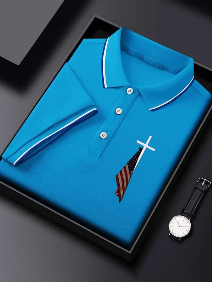 Men's  Flag Cross Print Polo Shirt