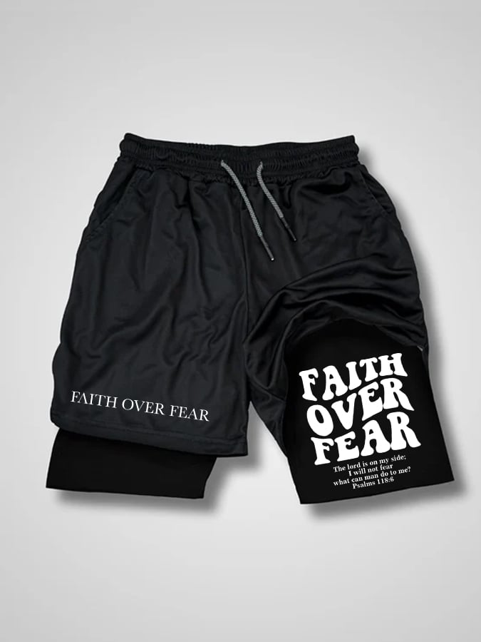 Men'S Faith Over Fear Print Double Layer Shorts (With Pockets)
