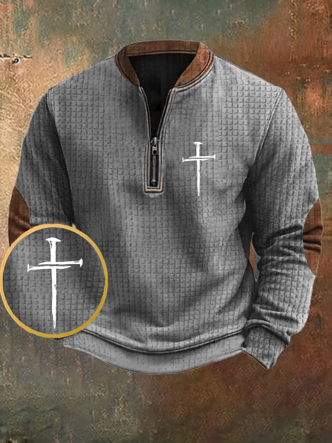 Men's Vintage Faith Cross Design Printed Zipper Collar Square Jacquard Sweatshirt