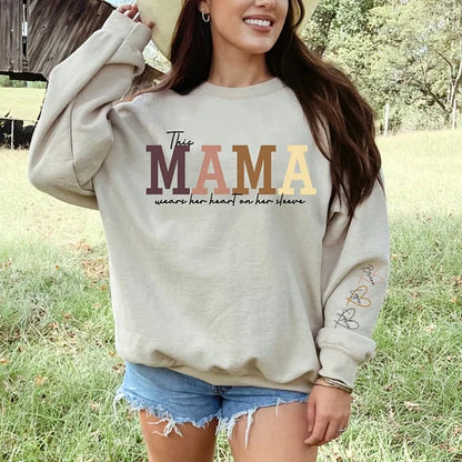 🔥For Mom🔥Personalized MAMA Wears Her Heart On Her Sleeve Sweatshirt(Buy 2 Free Shipping)