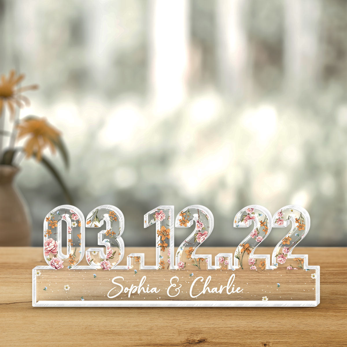 Couple Engagement Wedding Anniversary Special Date Custom Flower Printed Acrylic Block Plaque