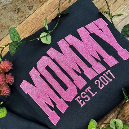 Custom Glitter MAMA Embroidered Sweatshirt, Embroidered Scripted Glitter Hoodie