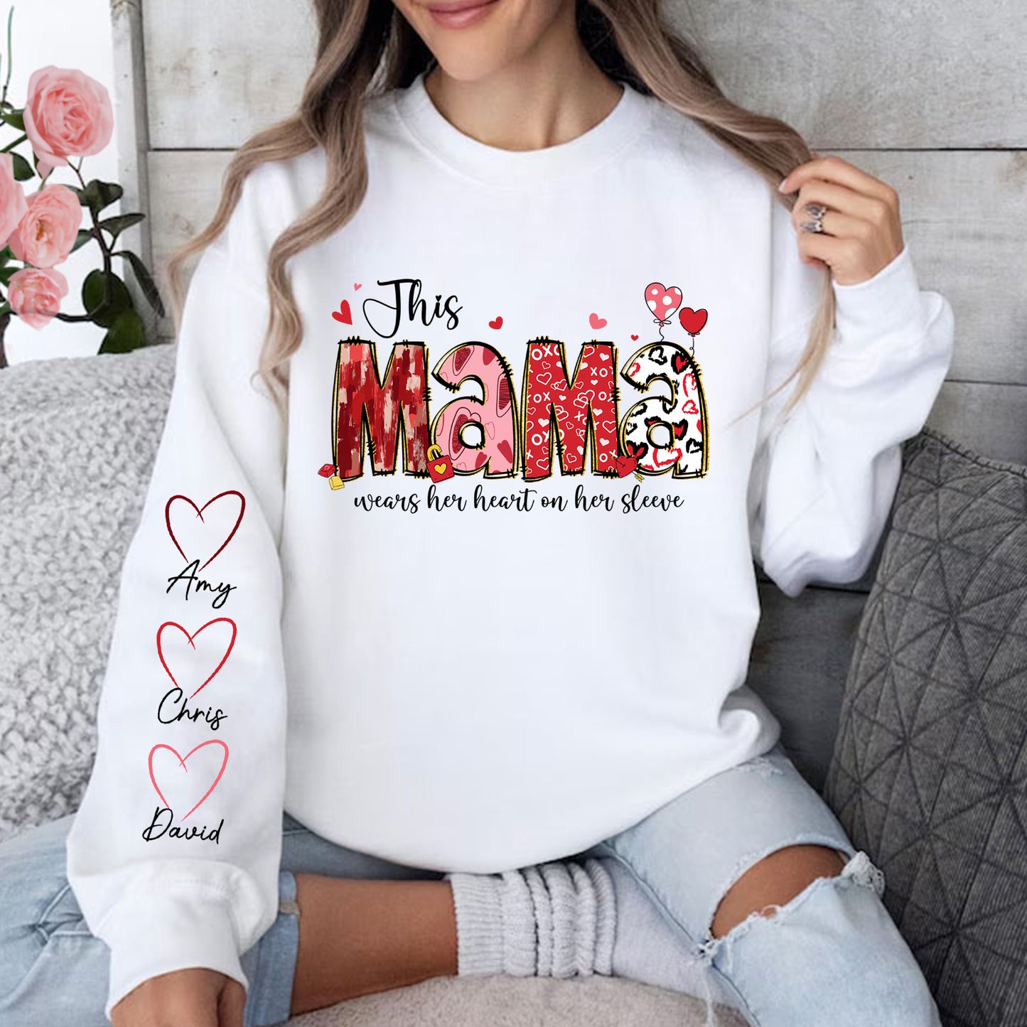 Personalized Heart on Her Sleeve MUM Sweatshirt