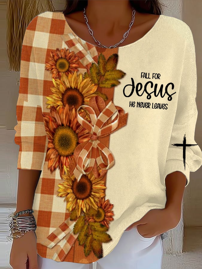 Women's Fall For Jesus He Never Leaves Print Drop Shoulder Sweater