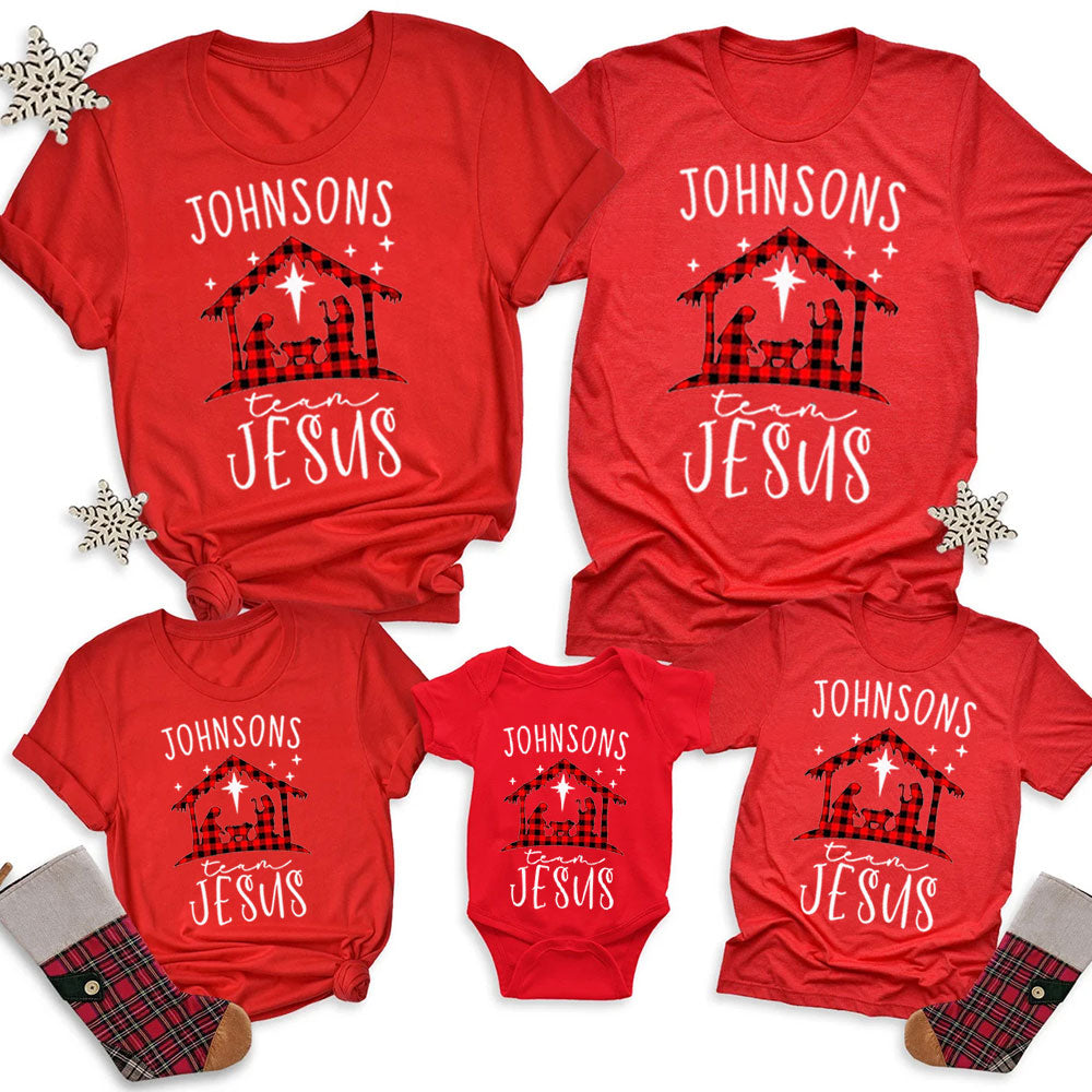 Personalized Buffalo Plaid Nativity Christmas Family Matching Christian T-Shirt