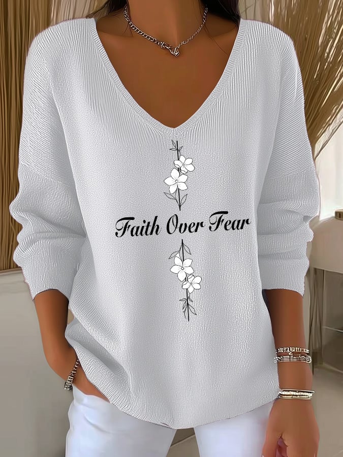 Women's Casual Faith Overcomes Fear Cross Knitted V-Neck Top