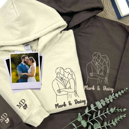 Custom Outline Embroidered Portrait from Photo-Matching Couple Hoodie