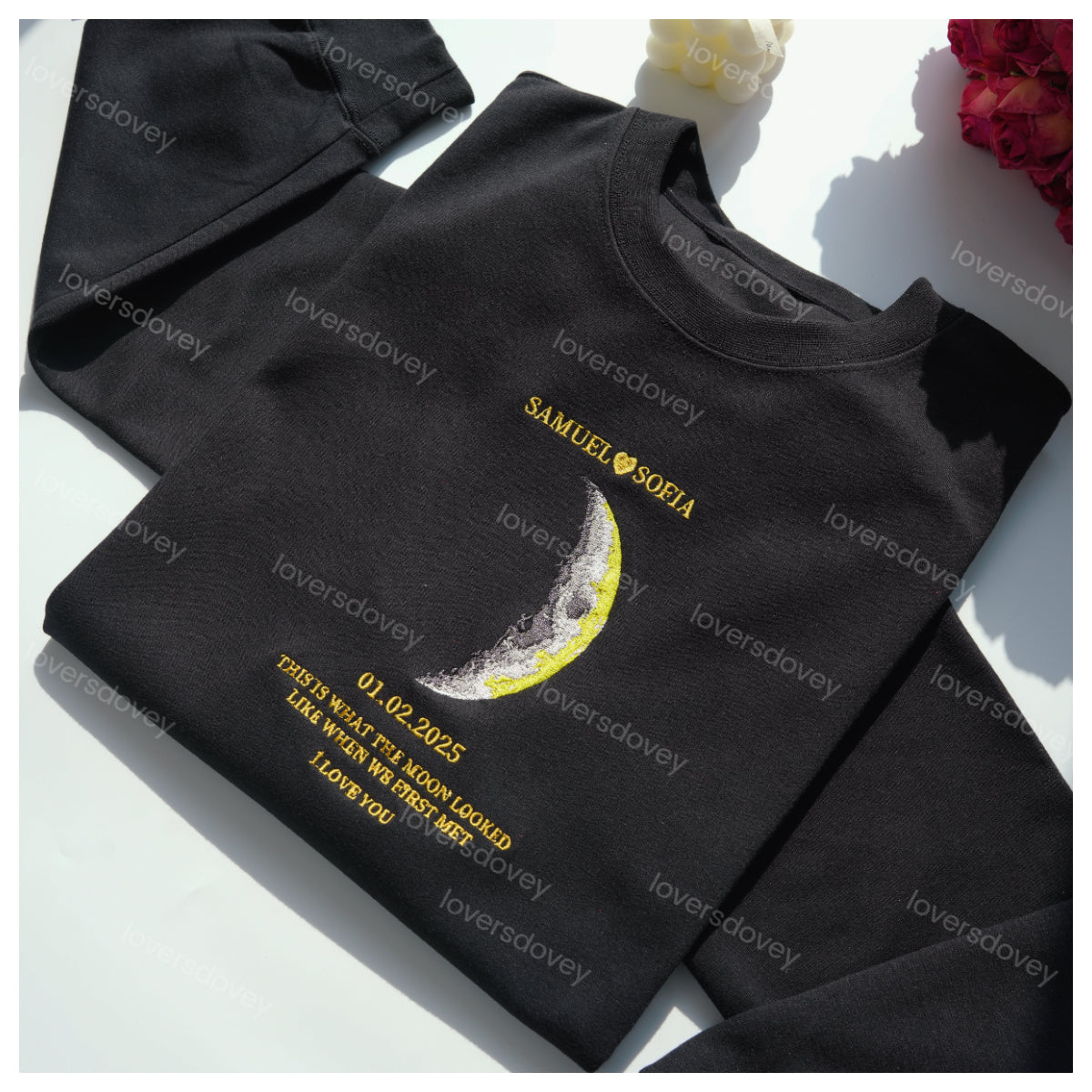 Loversdovey For Couples - Custom Couple Art Embroidered Sweatshirt/ REAL MOON PHASE
