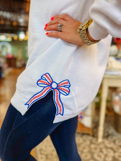 Baseball Mama Crewneck Sweatshirt with Trendy Side Bow Glitter Applique & Embroidered Sleeve, Baseball, Baseball mom, Baseball Momma, Boymom