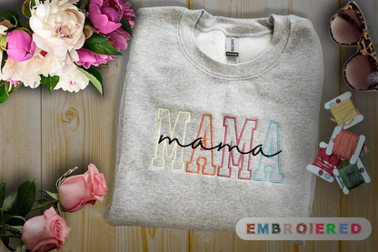 Embroidered MAMA Sweatshirt - Personalized Gift for Mom -Colorful Outline Stitch Crewneck-Cozy Mother's Day Sweatshirt