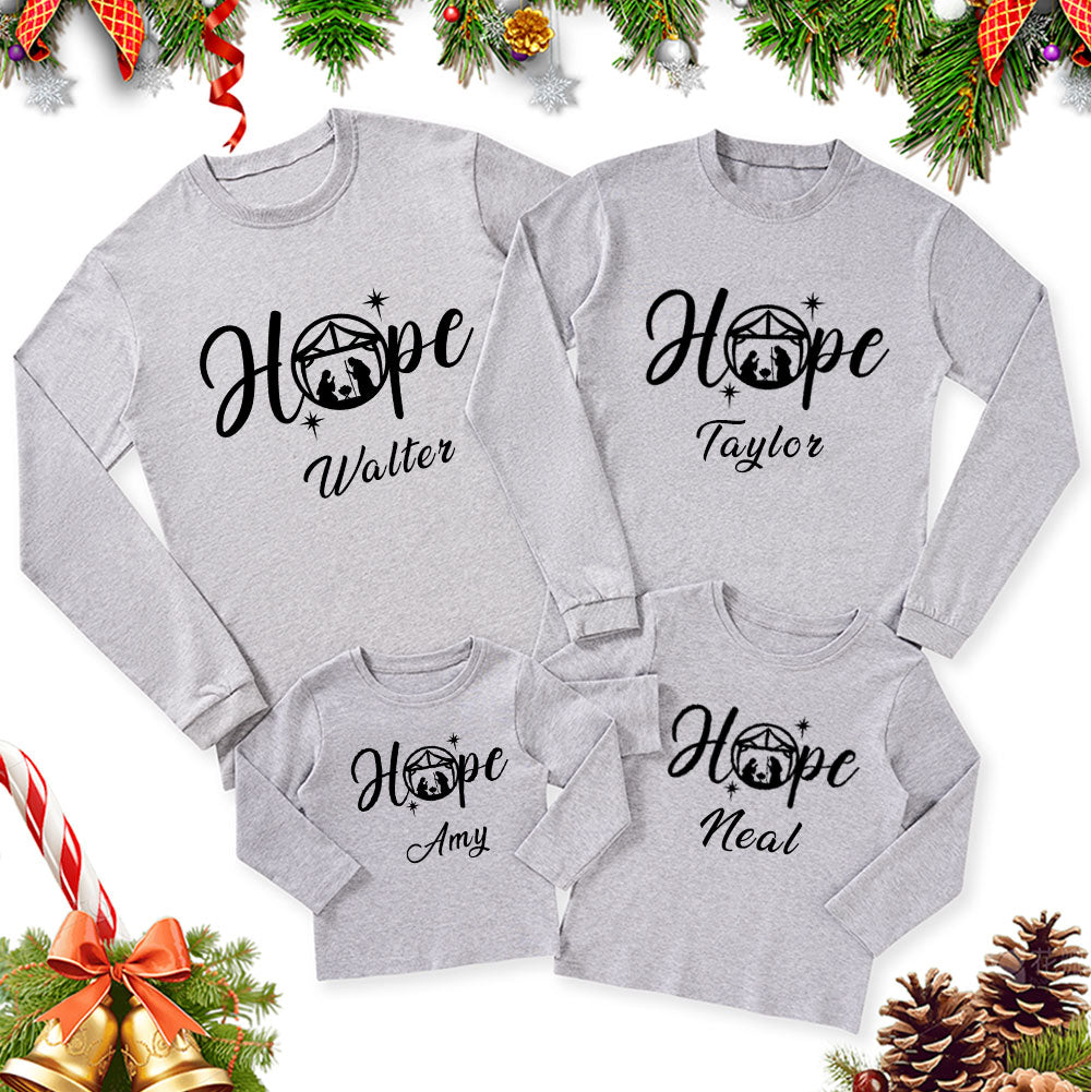 Personalized Hope Love Joy Believe Jesus Nativity Christmas Family Matching Long Sleeve T-Shirt