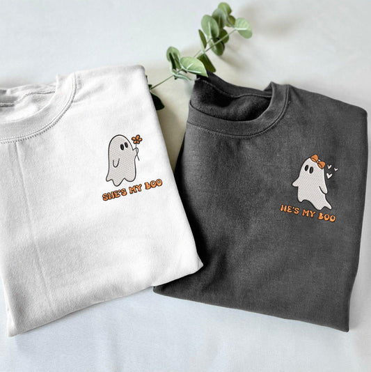 Custom Embroidered Halloween Hoodies For Couples, He's My Boo She's My Boo Matching Couple Sweatshirt