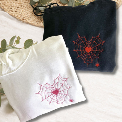 Custom Embroidered Halloween Spider Web Heart Matching Couple Sweatshirt | Halloween Gift Form Him Her