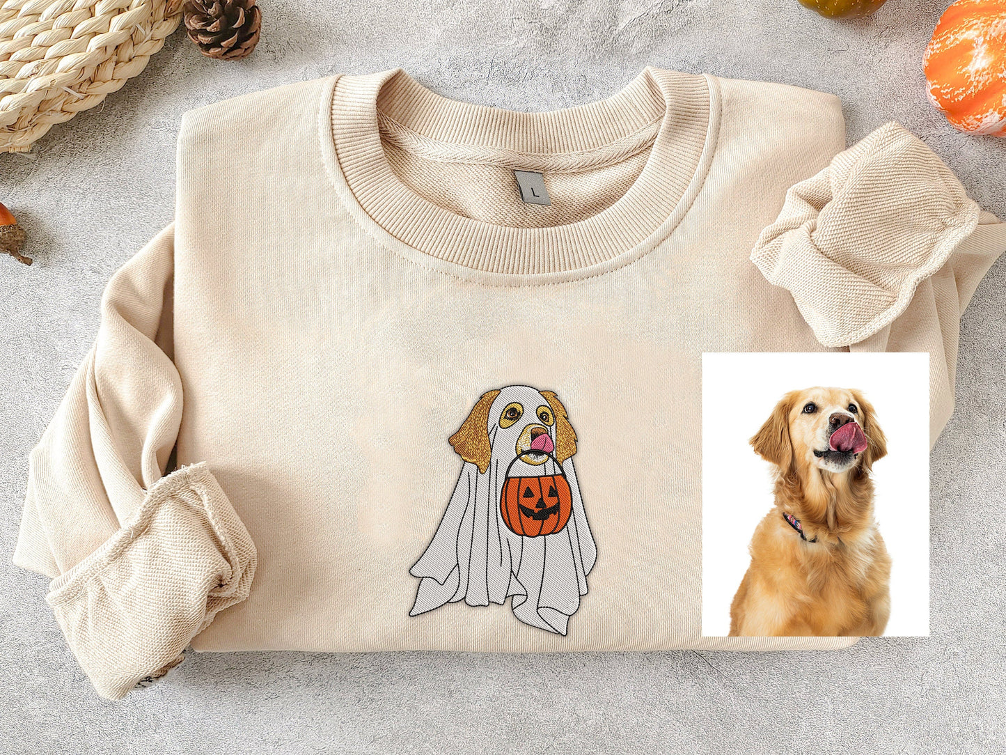Custom Embroidered Halloween Ghost Dog Sweatshirt from Photo | Dog Lover Gift