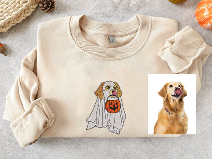 Custom Embroidered Halloween Ghost Dog Sweatshirt from Photo | Dog Lover Gift