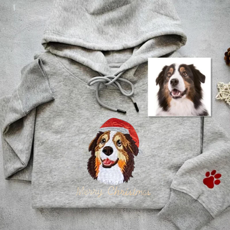 Custom Christmas Hoodie Embroidered Sweatshirt With Pet Portrait | Gifts for Pet Lovers