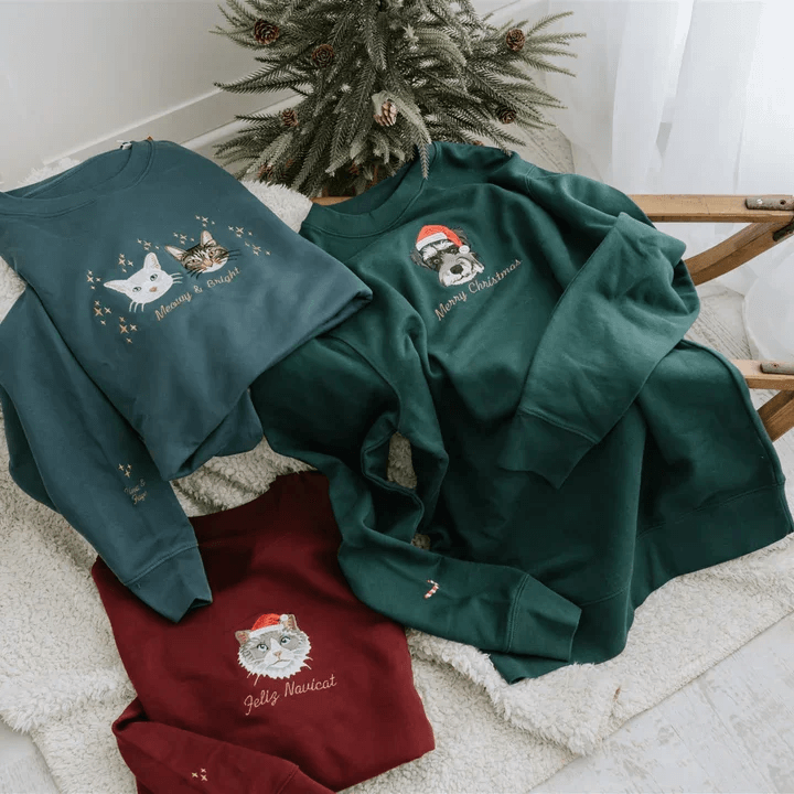 Custom Christmas Hoodie Embroidered Sweatshirt With Pet Portrait | Gifts for Pet Lovers