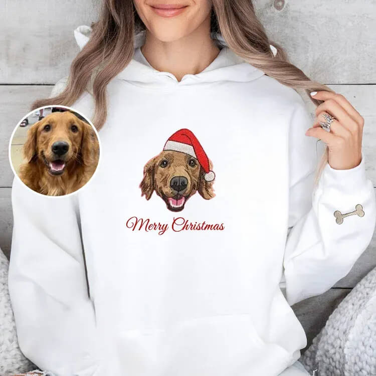 Custom Christmas Hoodie Embroidered Sweatshirt With Pet Portrait | Gifts for Pet Lovers